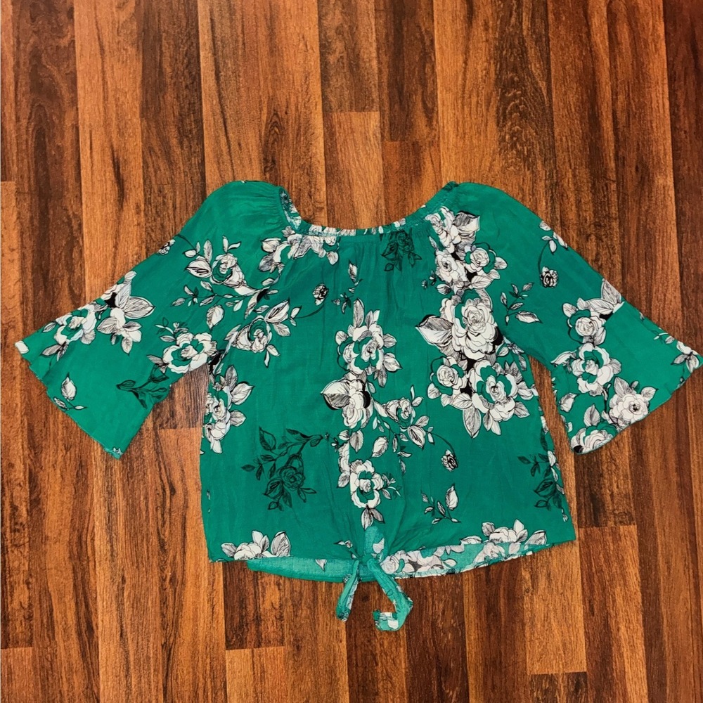 Est. 1946 Womens Green Floral Tie Front Bell Sleeve Blouse Plus Size 18/20W